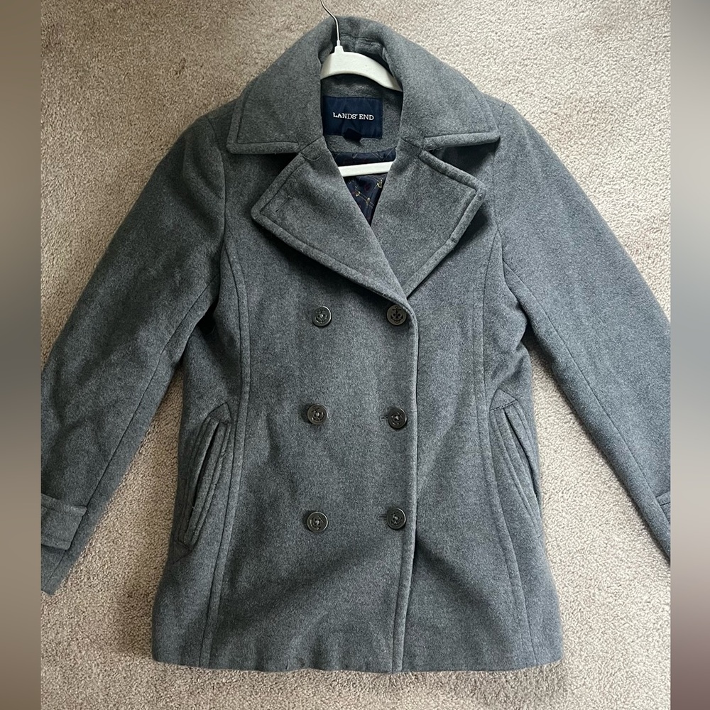 Lands’ End Women’s Classic Gray Wool Peacoat Short, Double Breasted, Size 4